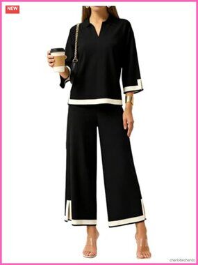 2 Piece Knit Lounge Set 3/4 Sleeve Wide Leg Palazzo Pants